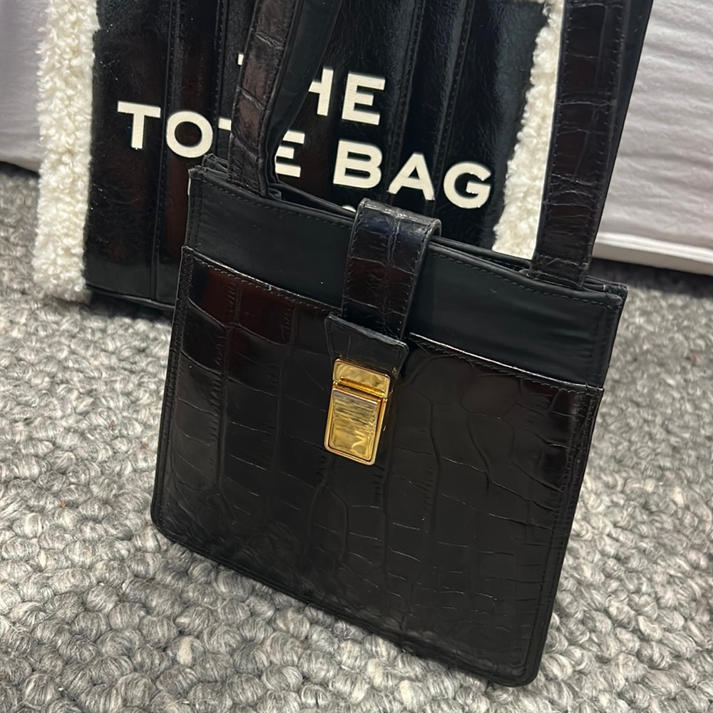 Lanzetti Black Nylon Crocodile Leather Vintage Purse
